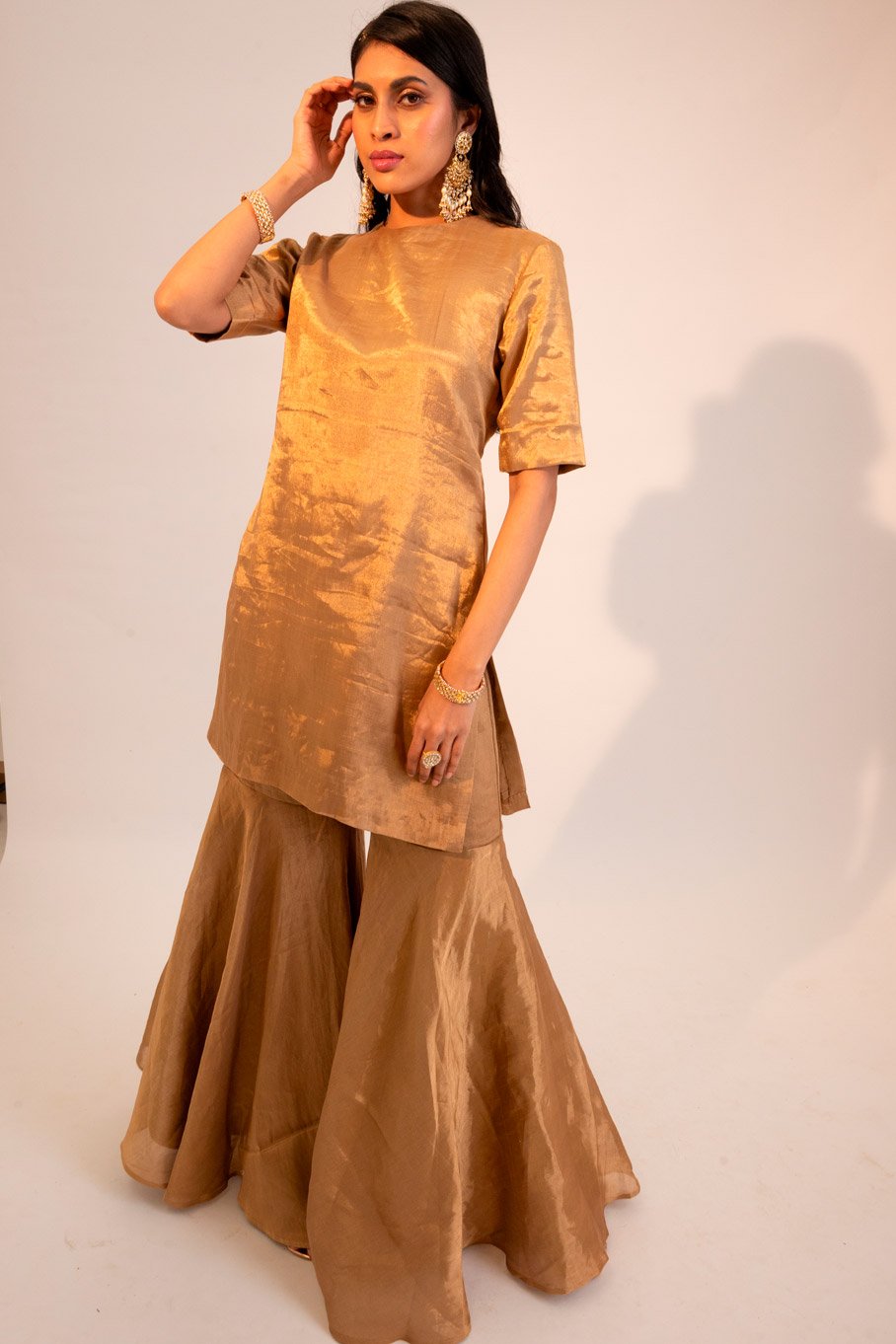 Signature Zari Tissue Gold Kurti & Garara Paired With Electric Blue Embroidered Organza Dupatta - Image 6