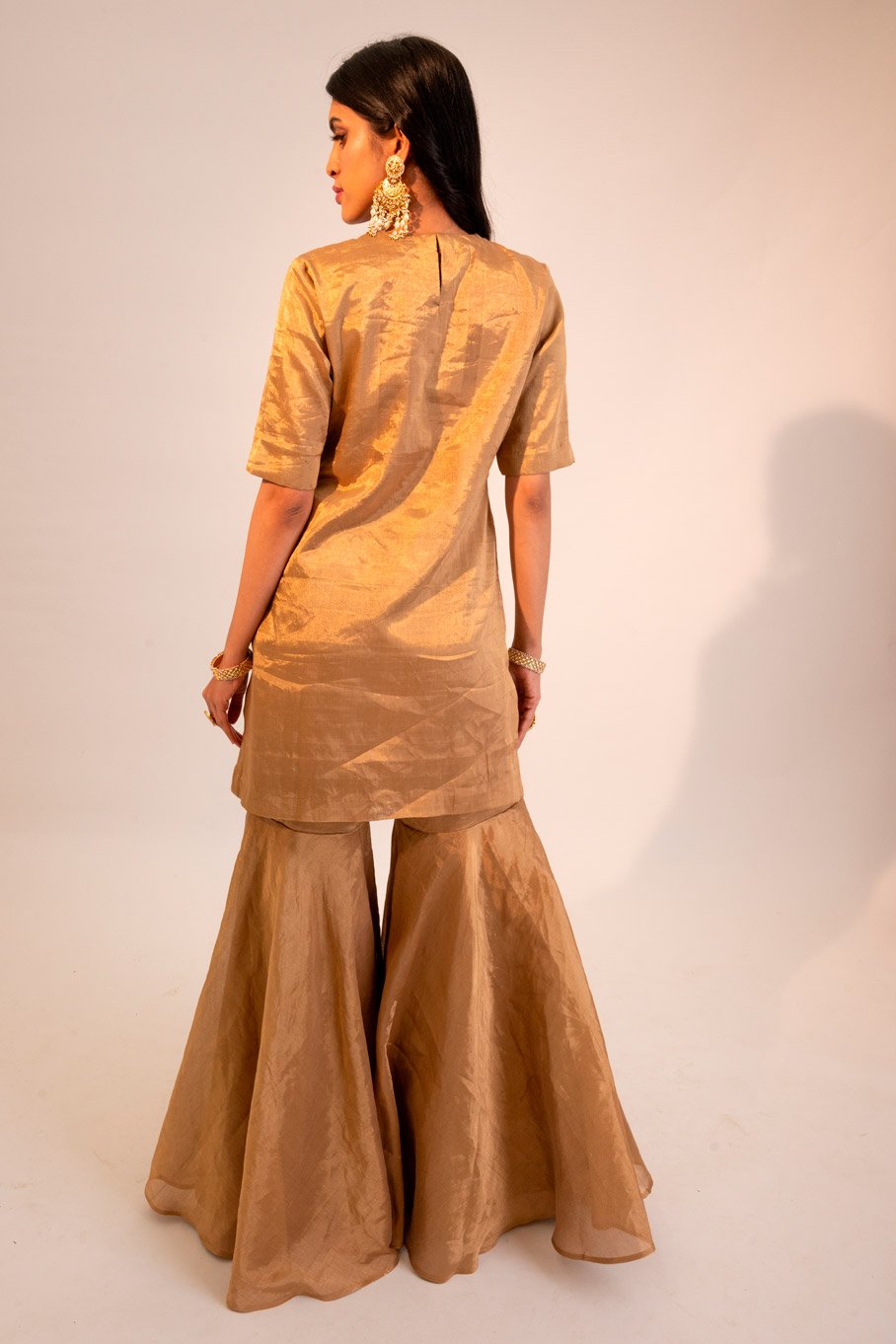 Signature Zari Tissue Gold Kurti & Garara Paired With Electric Blue Embroidered Organza Dupatta - Image 7