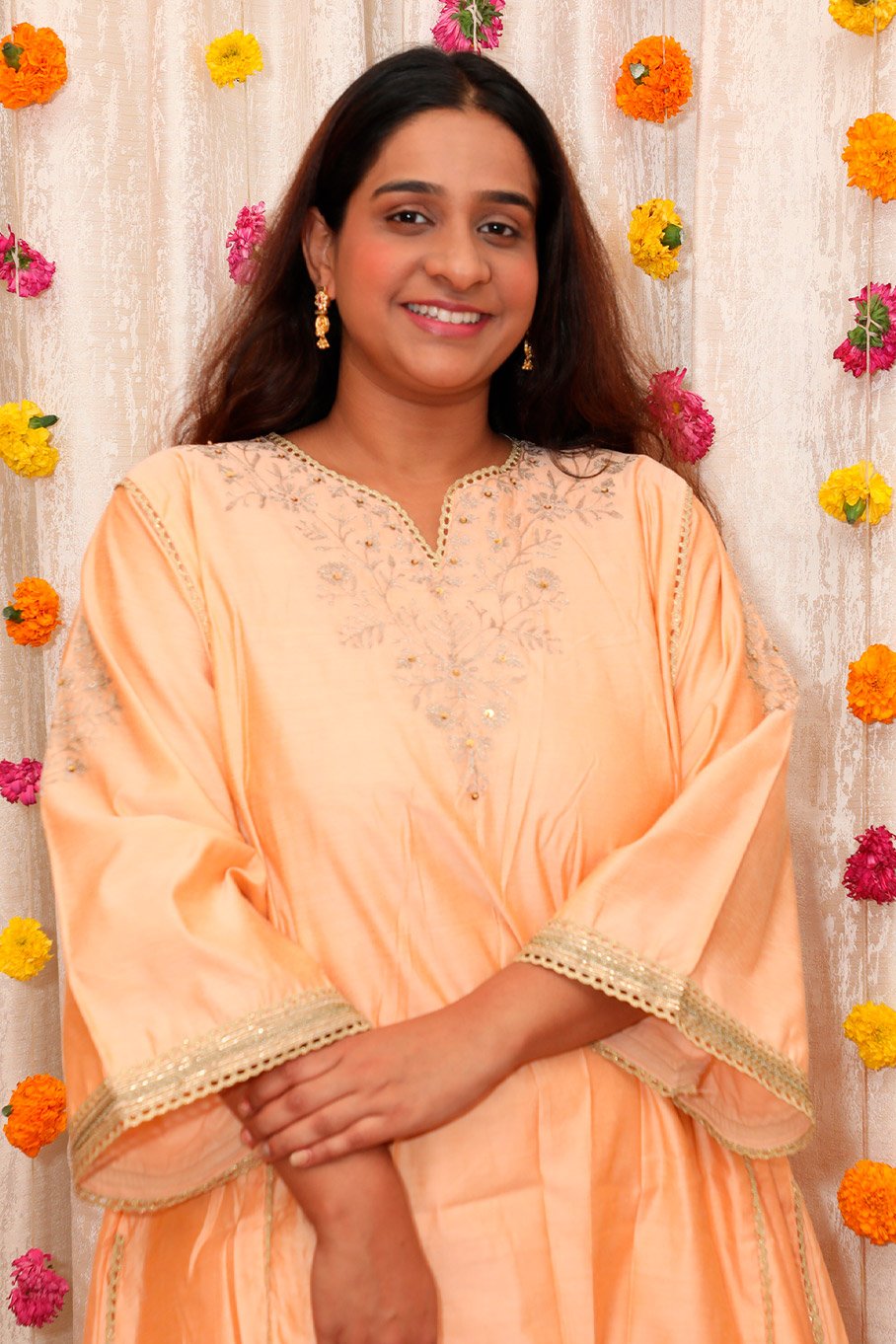 Peach Embroidered Chanderi Choga Set with Straight Pants - Image 2