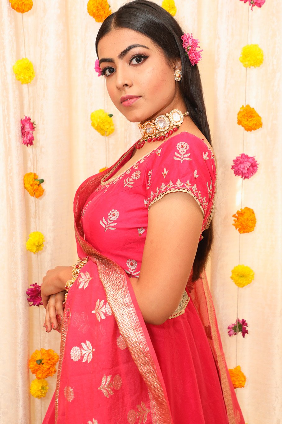 Lehanga Set In Chanderi With Embroidered Round Blouse & Zari Chanderi Woven Dupatta - Image 3