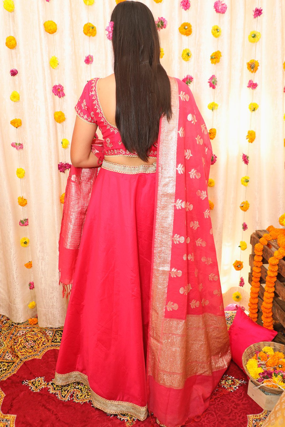 Lehanga Set In Chanderi With Embroidered Round Blouse & Zari Chanderi Woven Dupatta - Image 2