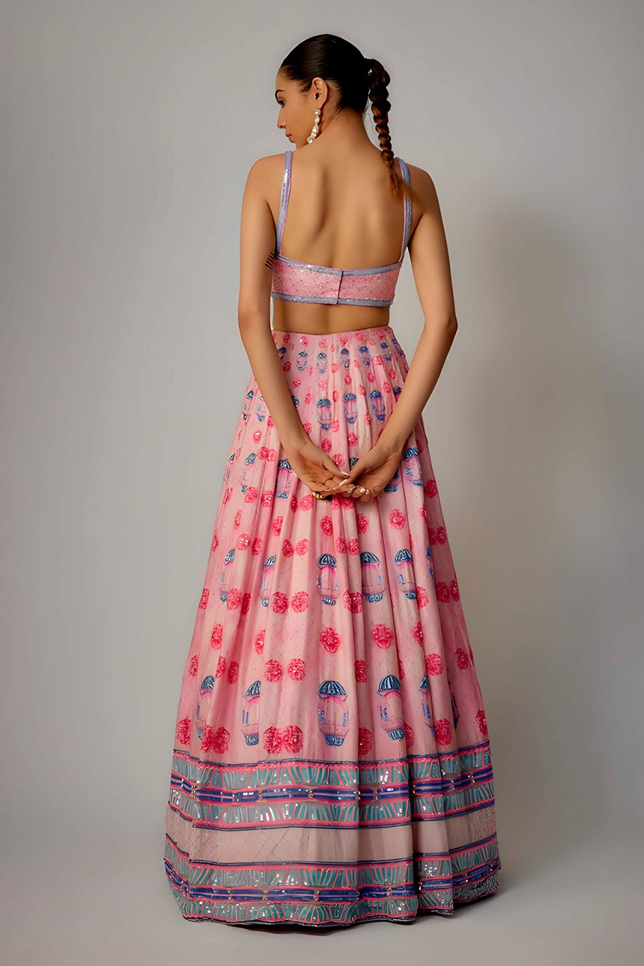 Pink Printed & Embroidered Lehenga Paired With Embroidered Blouse , Organza Dupatta & Matching Potli - Image 2