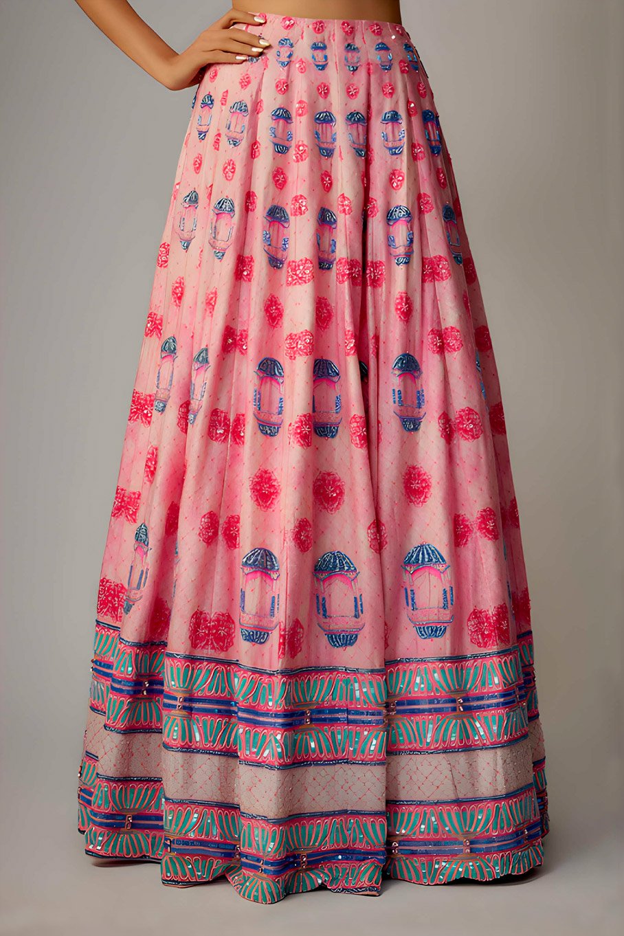 Pink Printed & Embroidered Lehenga Paired With Embroidered Blouse , Organza Dupatta & Matching Potli - Image 4