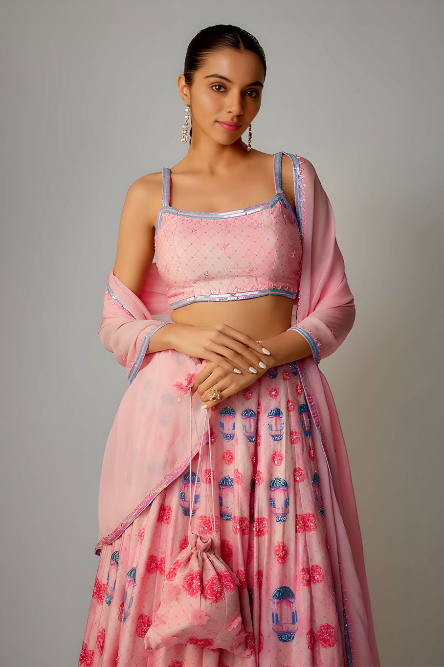 Pink Printed & Embroidered Lehenga Paired With Embroidered Blouse , Organza Dupatta & Matching Potli - Image 3