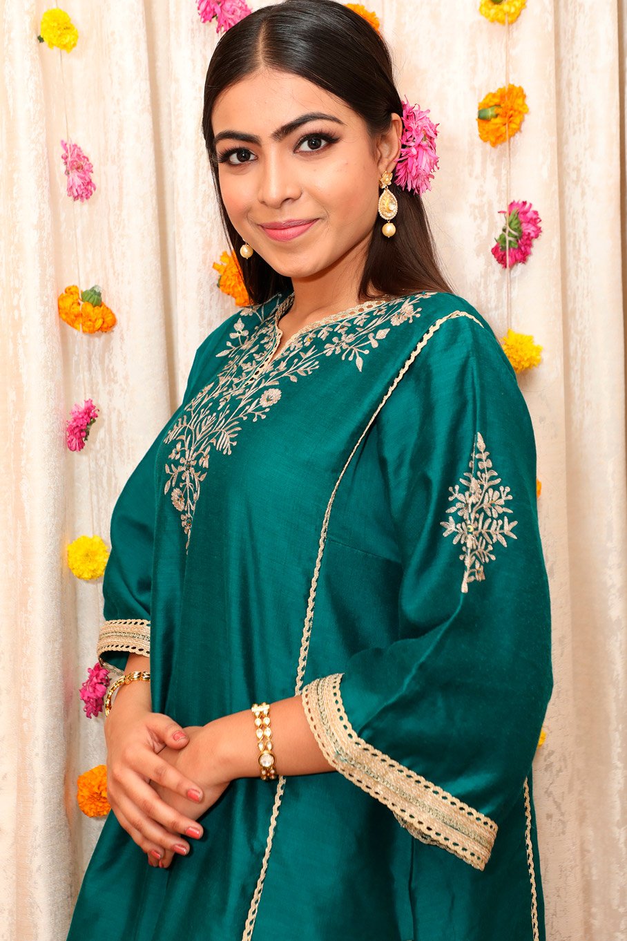 Teal Embroidered Chanderi Choga Set with Straight Pants - Image 2