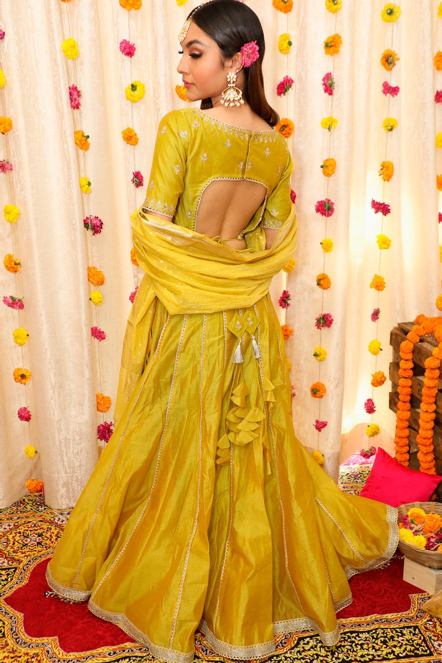 Lehanga Set In Chanderi With Embroidered Boat Neck Blouse & Zari Chanderi Woven Dupatta - Image 2