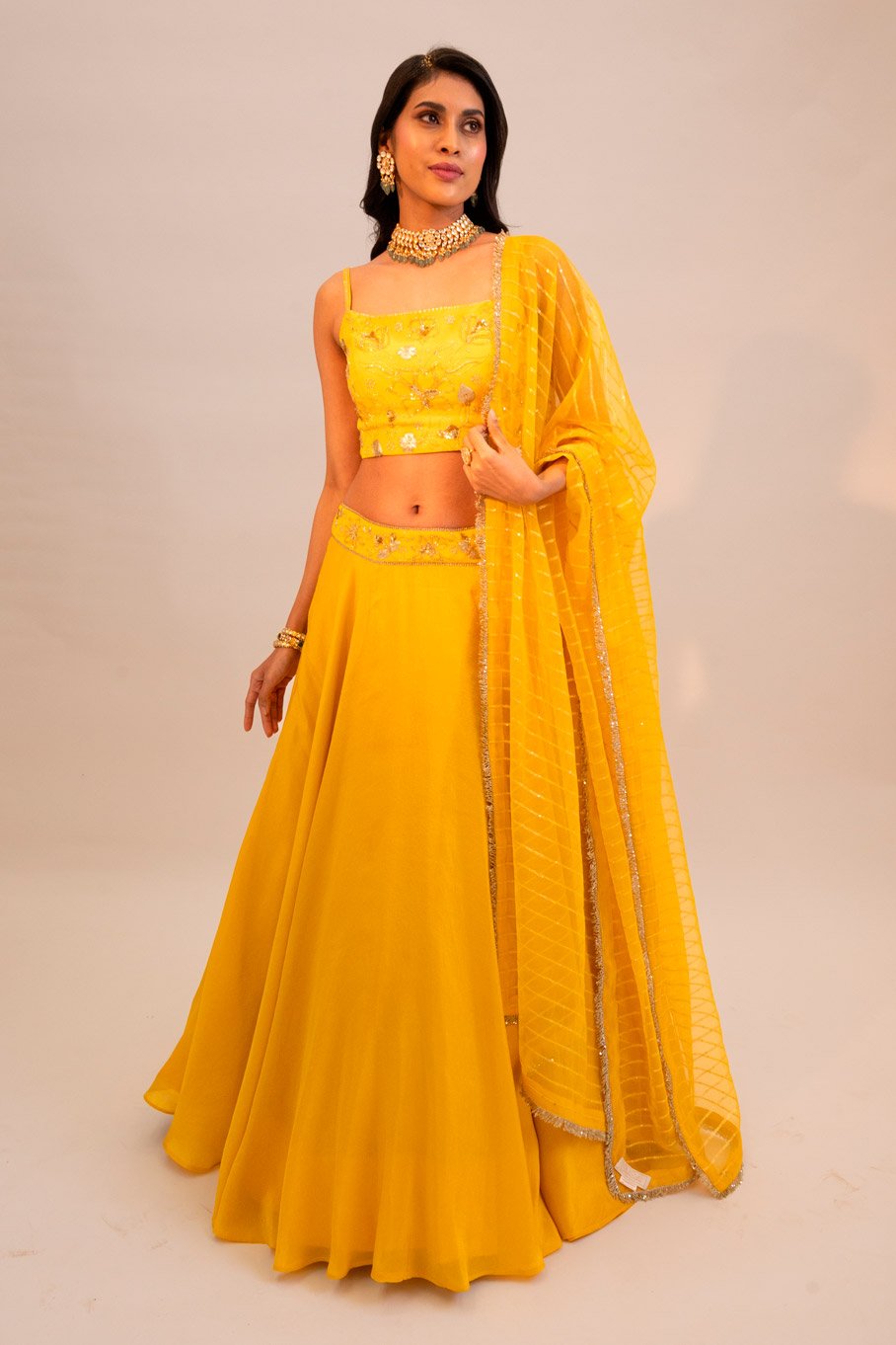 Yellow Embroidered Lehanga & Blouse Paired With Embroidered Organza Dupatta - Image 3