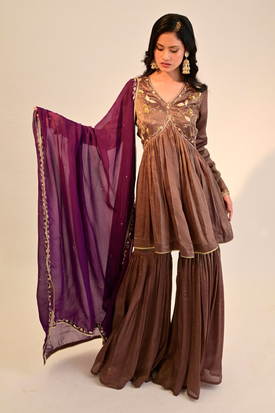 Purple Embroidered Short Anarkali Paired With Gharara Pants & Embroidered Organza Dupatta - Image 2