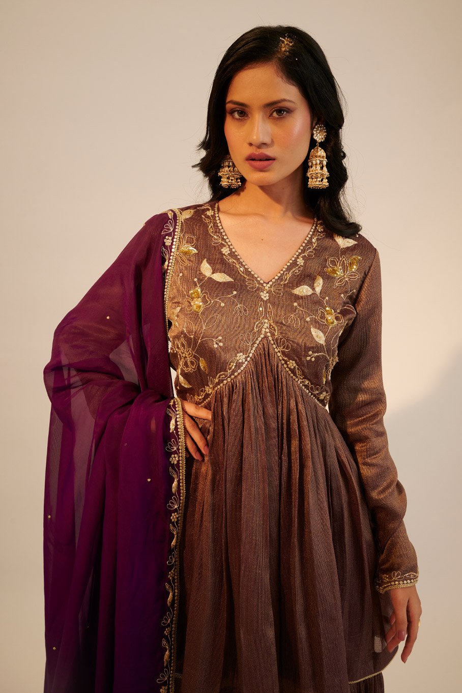 Purple Embroidered Short Anarkali Paired With Gharara Pants & Embroidered Organza Dupatta - Image 3