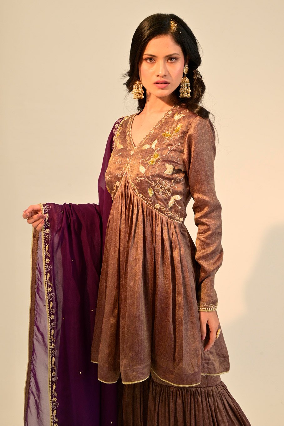 Purple Embroidered Short Anarkali Paired With Gharara Pants & Embroidered Organza Dupatta - Image 4