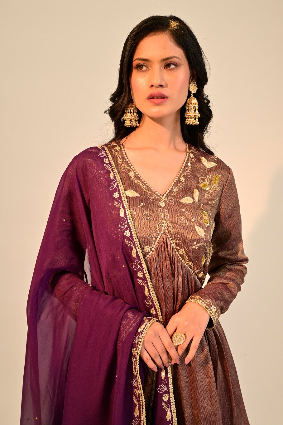 Purple Embroidered Short Anarkali Paired With Gharara Pants & Embroidered Organza Dupatta - Image 5