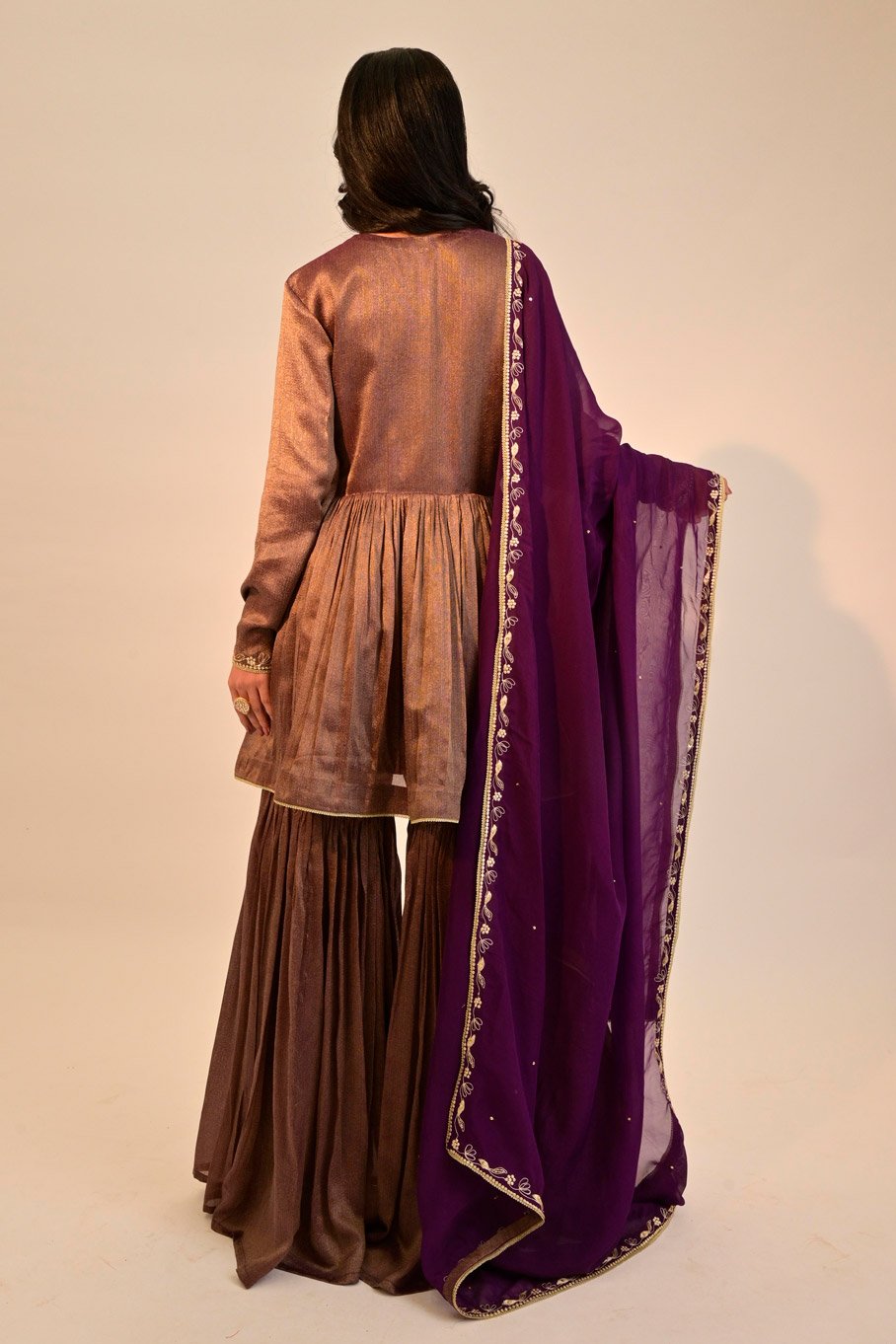 Purple Embroidered Short Anarkali Paired With Gharara Pants & Embroidered Organza Dupatta - Image 6