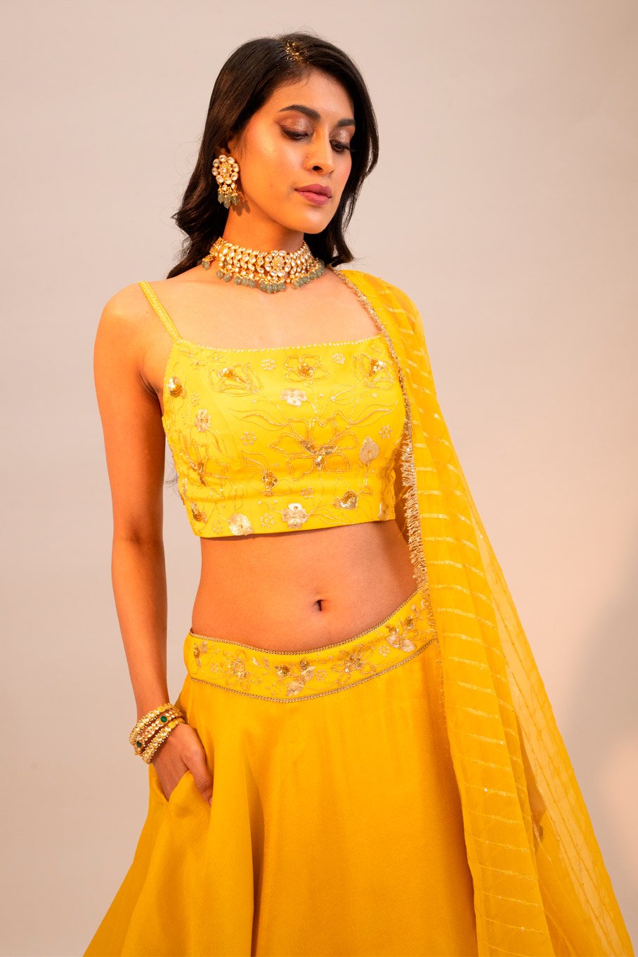 Yellow Embroidered Lehanga & Blouse Paired With Embroidered Organza Dupatta - Image 5