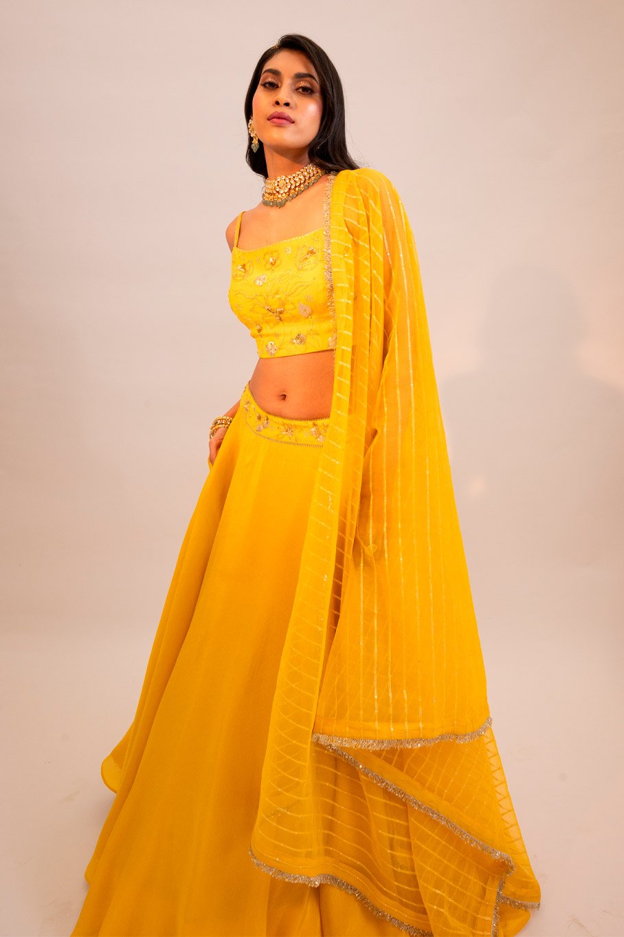 Yellow Embroidered Lehanga & Blouse Paired With Embroidered Organza Dupatta - Image 4