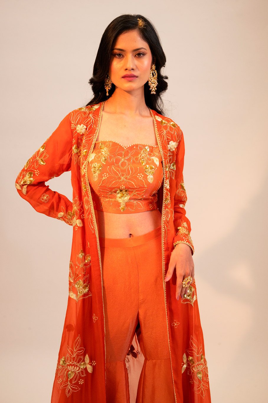 Rust longline jacket with a silk gharara and embroidered Padded Blouse - Image 5