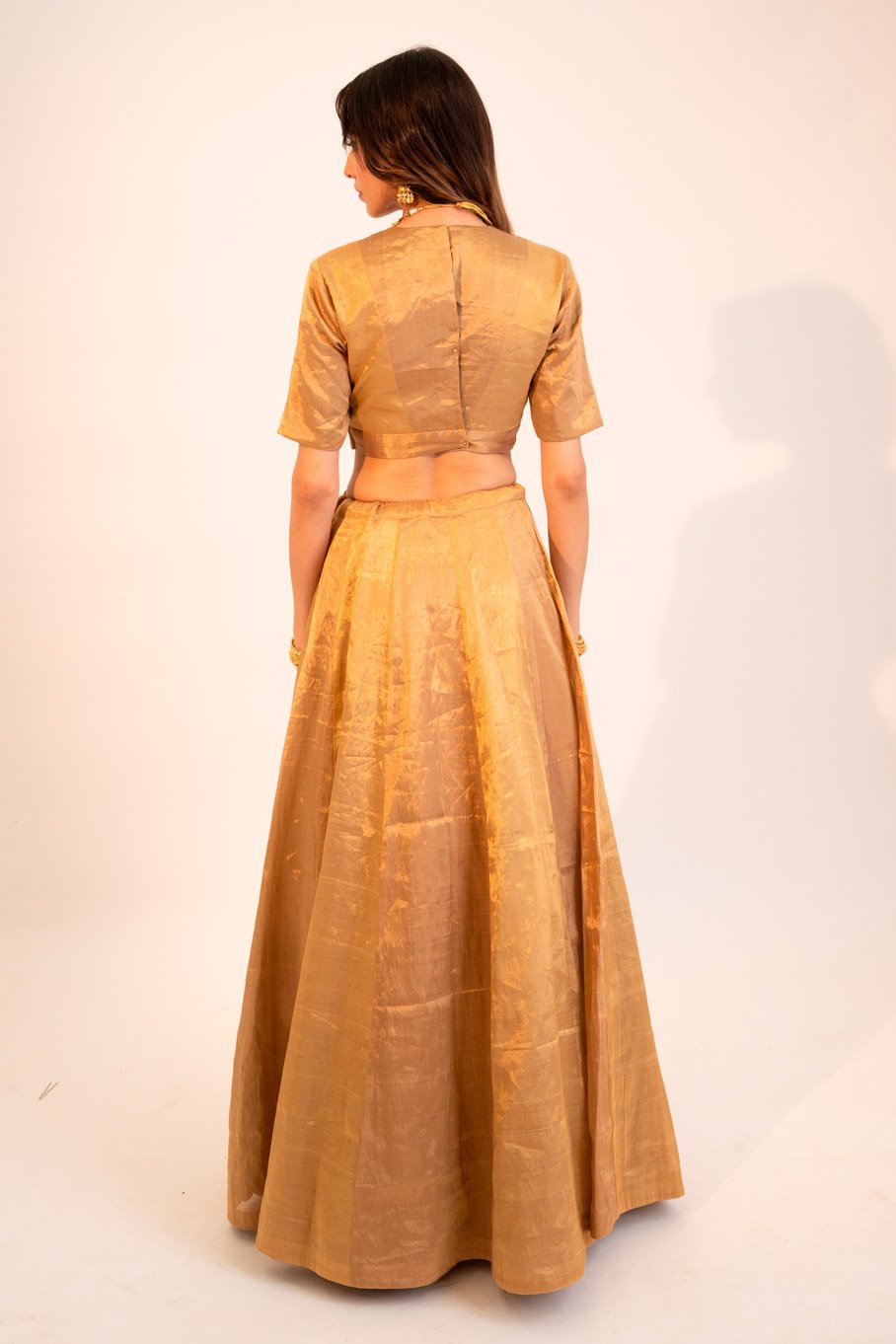 Signature Zari Tissue Gold Lehanga & Blouse Paired With Yellow Embriodered Organza Dupatta - Image 5