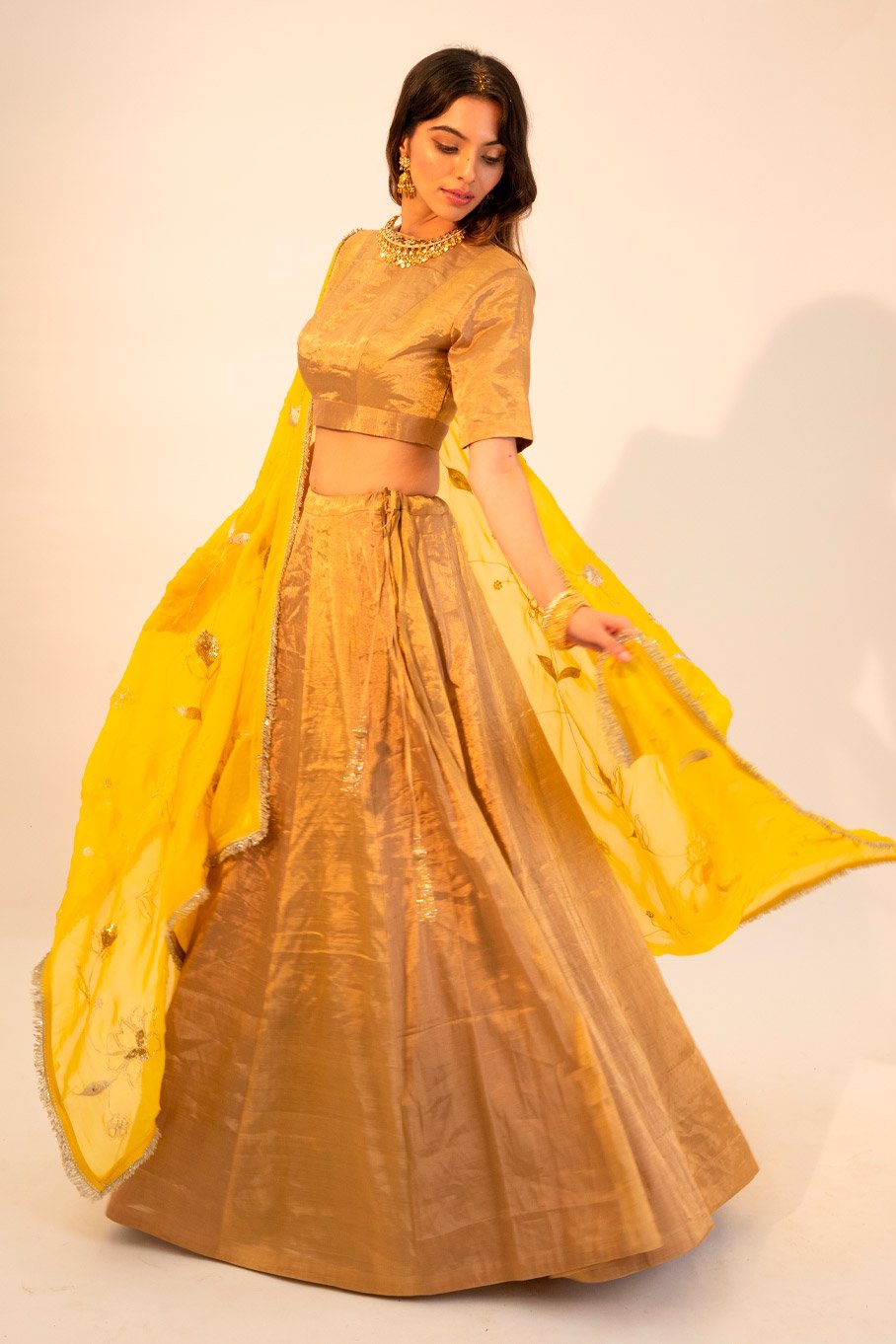 Signature Zari Tissue Gold Lehanga & Blouse Paired With Yellow Embriodered Organza Dupatta - Image 3