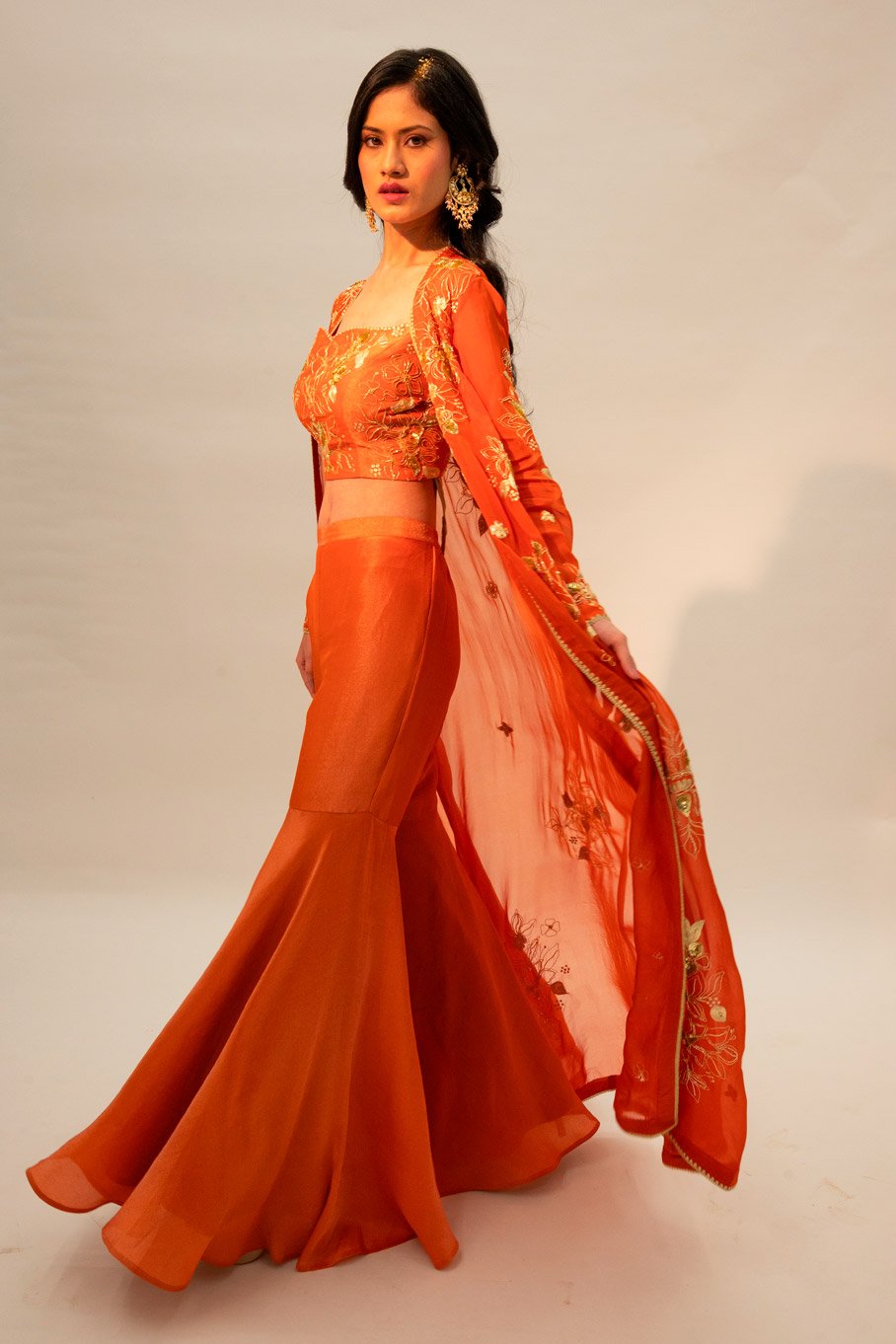 Rust longline jacket with a silk gharara and embroidered Padded Blouse - Image 4