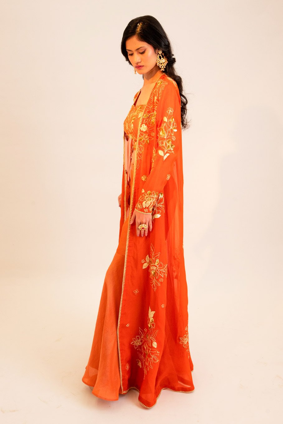 Rust longline jacket with a silk gharara and embroidered Padded Blouse - Image 3