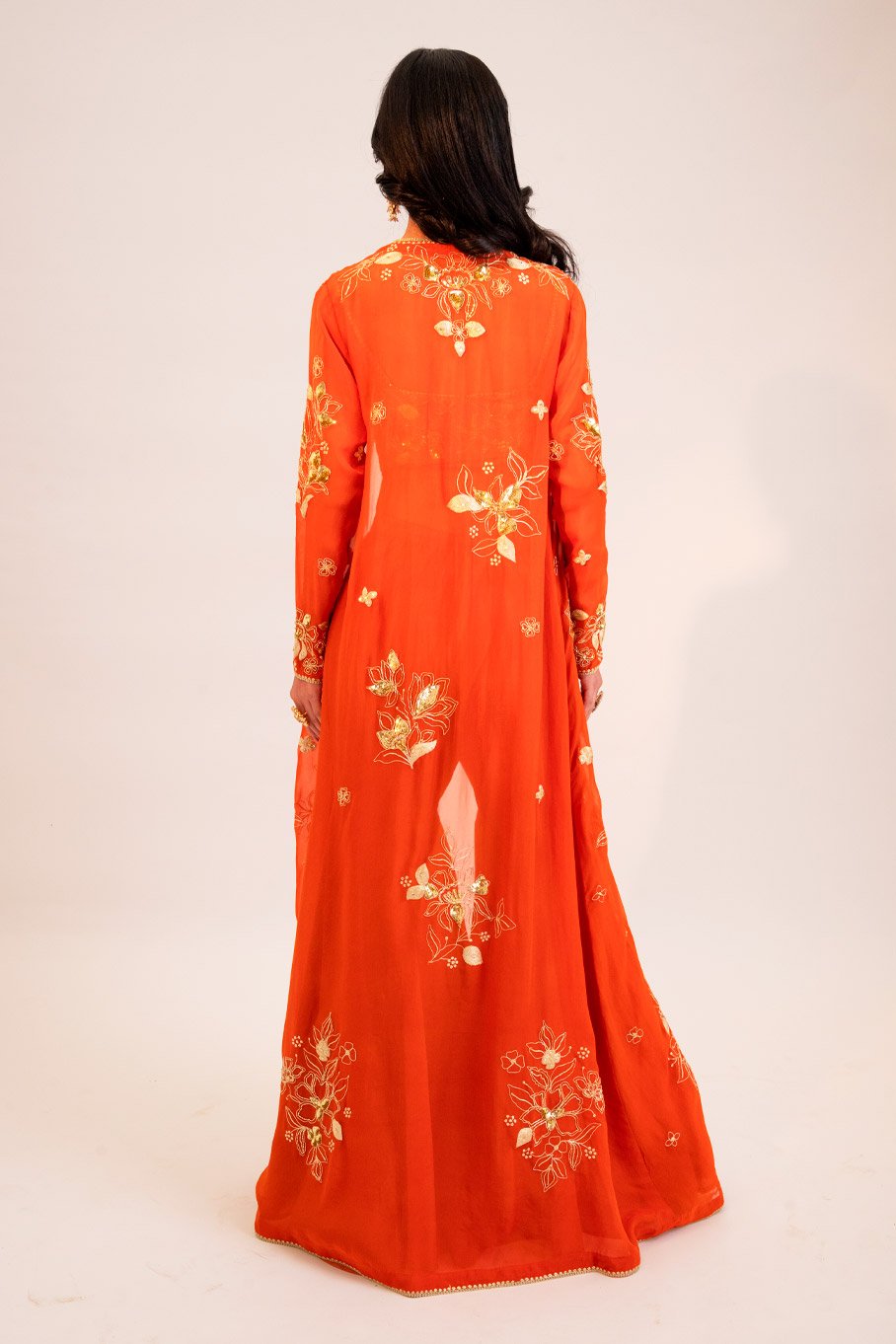 Rust longline jacket with a silk gharara and embroidered Padded Blouse - Image 2