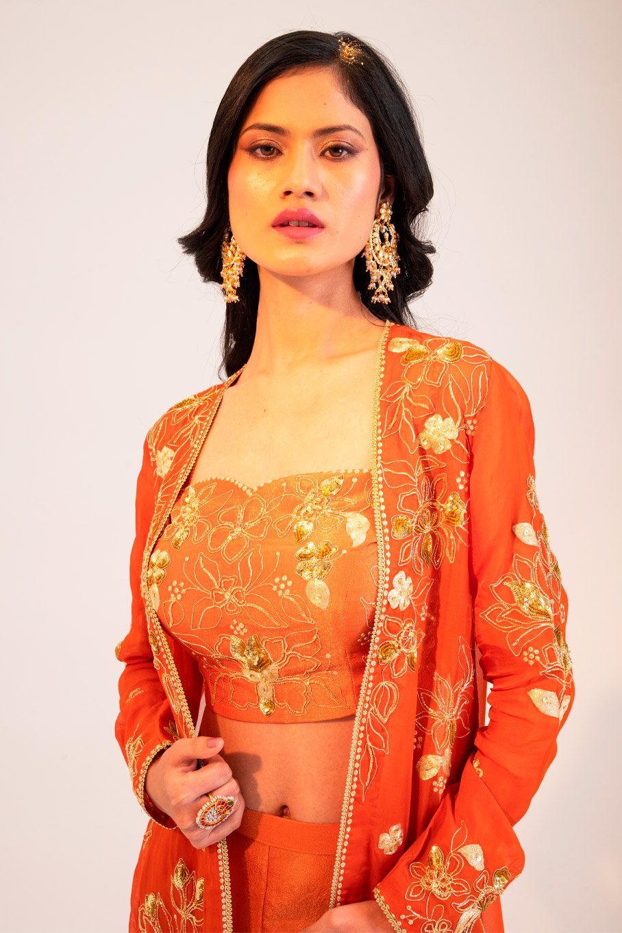 Rust longline jacket with a silk gharara and embroidered Padded Blouse - Image 6