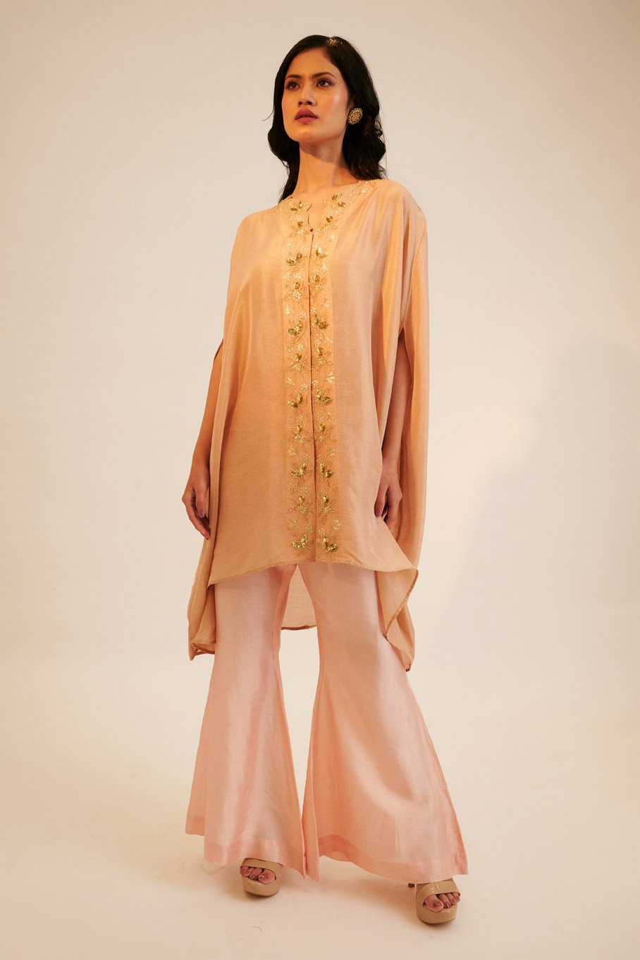 Peach Embroidered Cape Top With Silk Bell Bottom Pant - Image 5