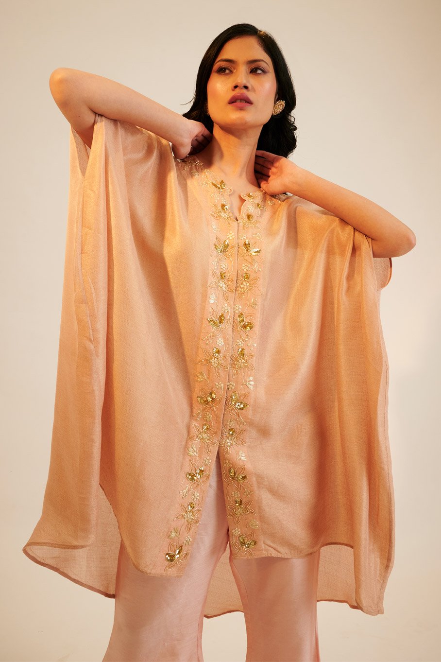 Peach Embroidered Cape Top With Silk Bell Bottom Pant - Image 3