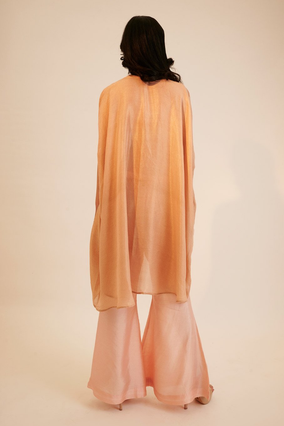 Peach Embroidered Cape Top With Silk Bell Bottom Pant - Image 2