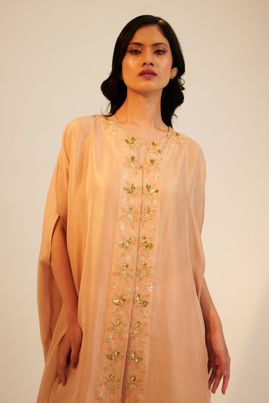 Peach Embroidered Cape Top With Silk Bell Bottom Pant - Image 4