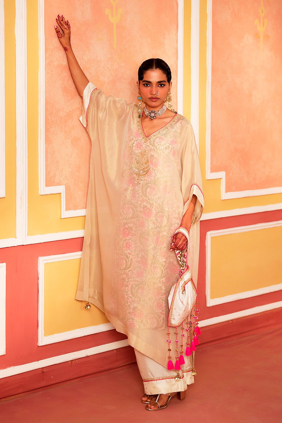 Ivory V-Neck Kaftan with Cotton Slip and Pant - Image 3