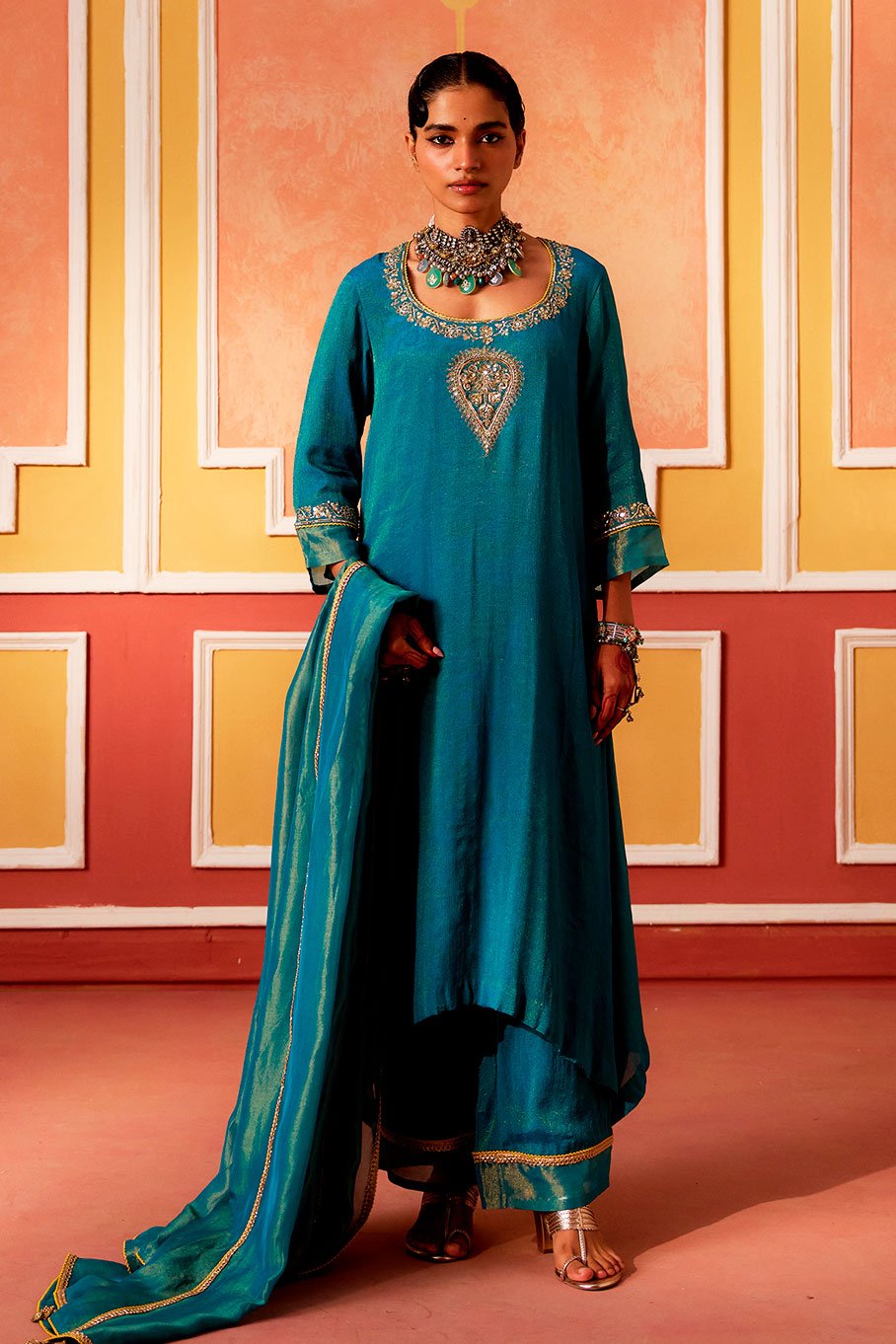 Teal Kurta with Mutka Neck, Pant and Dupatta - Image 3