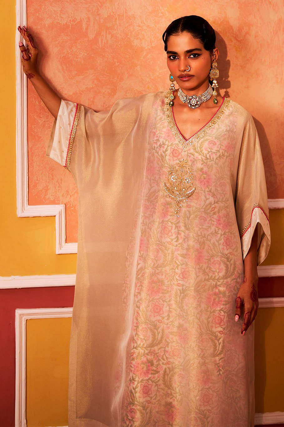 Ivory V-Neck Kaftan with Cotton Slip and Pant - Image 12