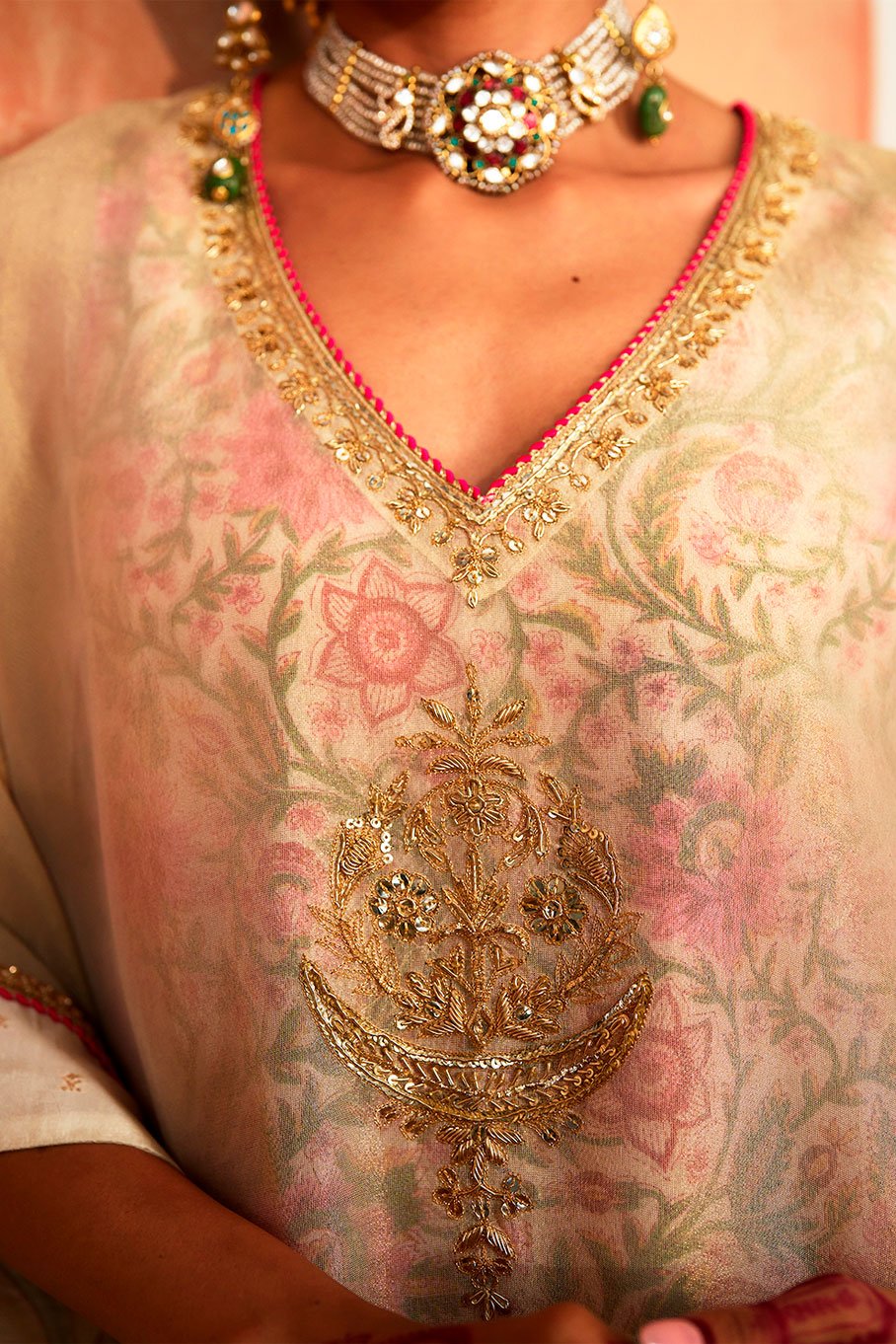 Ivory V-Neck Kaftan with Cotton Slip and Pant - Image 13