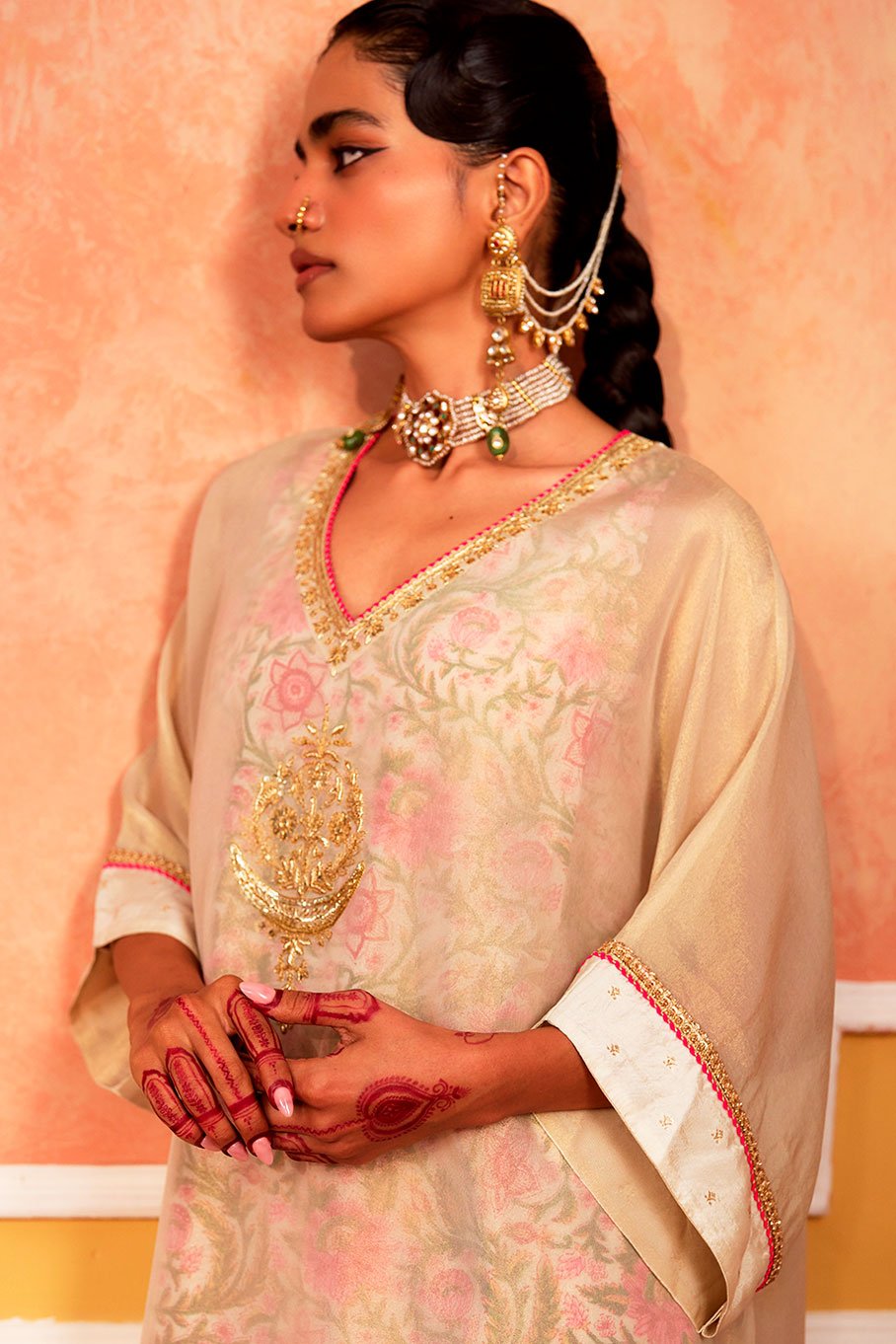Ivory V-Neck Kaftan with Cotton Slip and Pant - Image 14