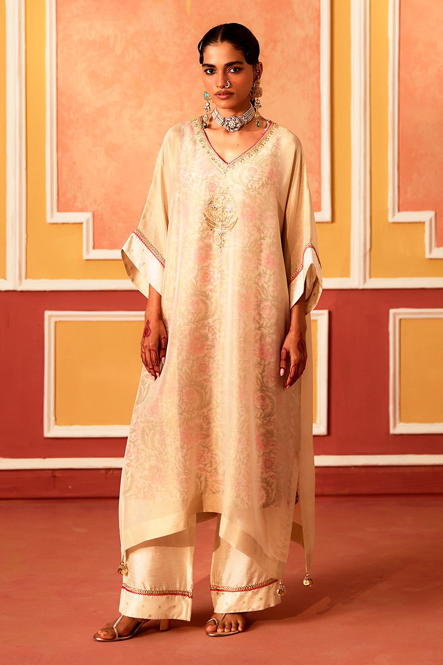 Ivory V-Neck Kaftan with Cotton Slip and Pant - Image 15