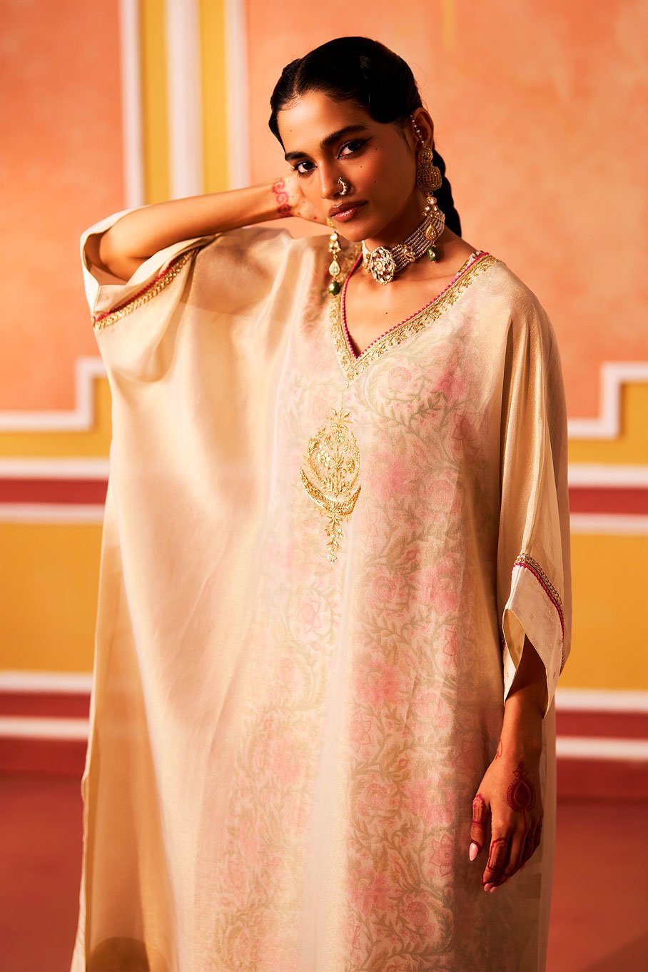 Ivory V-Neck Kaftan with Cotton Slip and Pant - Image 16