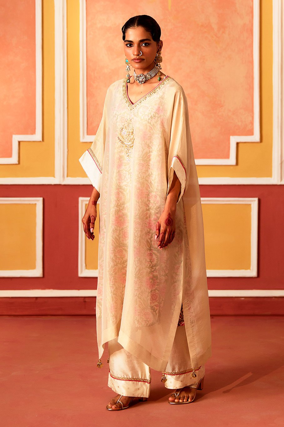 Ivory V-Neck Kaftan with Cotton Slip and Pant - Image 2
