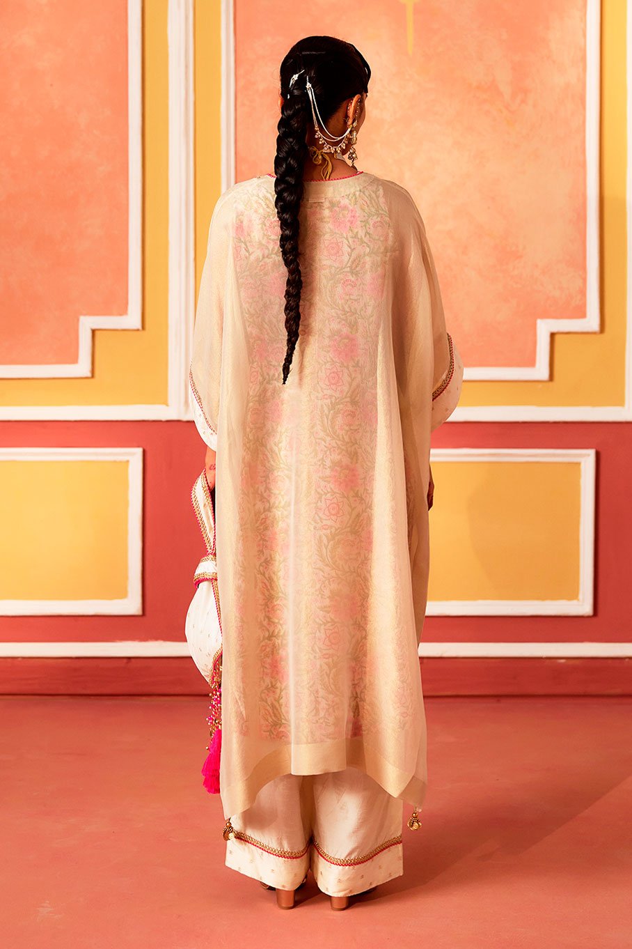 Ivory V-Neck Kaftan with Cotton Slip and Pant - Image 4