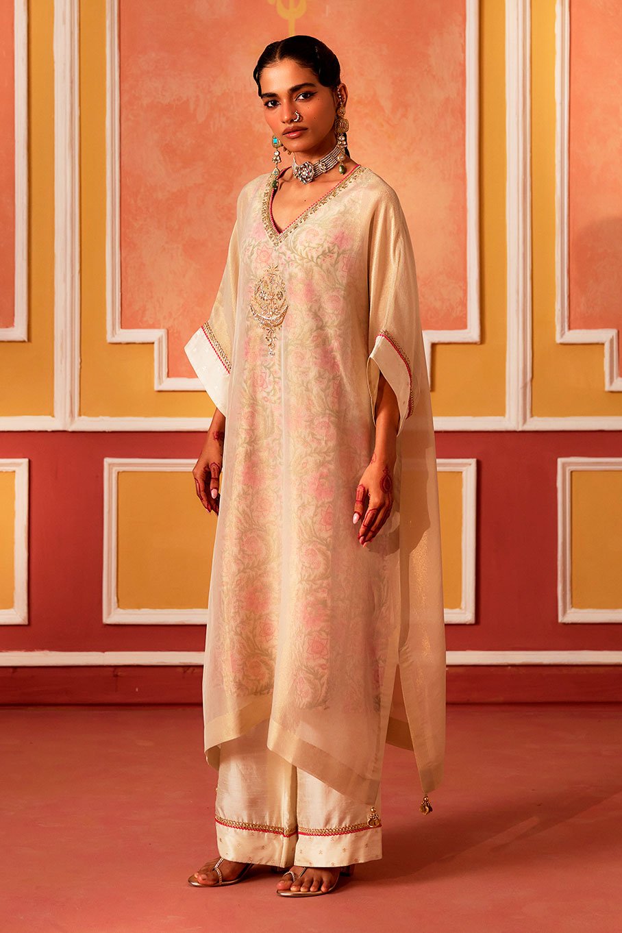 Ivory V-Neck Kaftan with Cotton Slip and Pant - Image 5