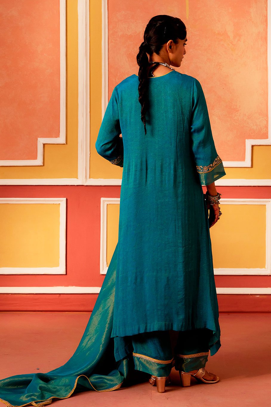 Teal Kurta with Mutka Neck, Pant and Dupatta - Image 2