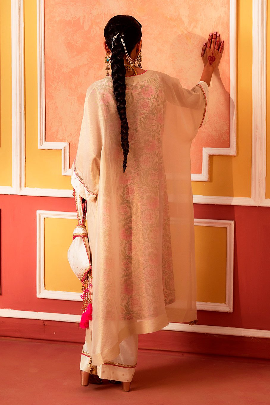 Ivory V-Neck Kaftan with Cotton Slip and Pant - Image 6