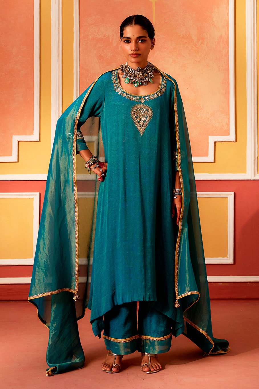 Teal Kurta with Mutka Neck, Pant and Dupatta - Image 6