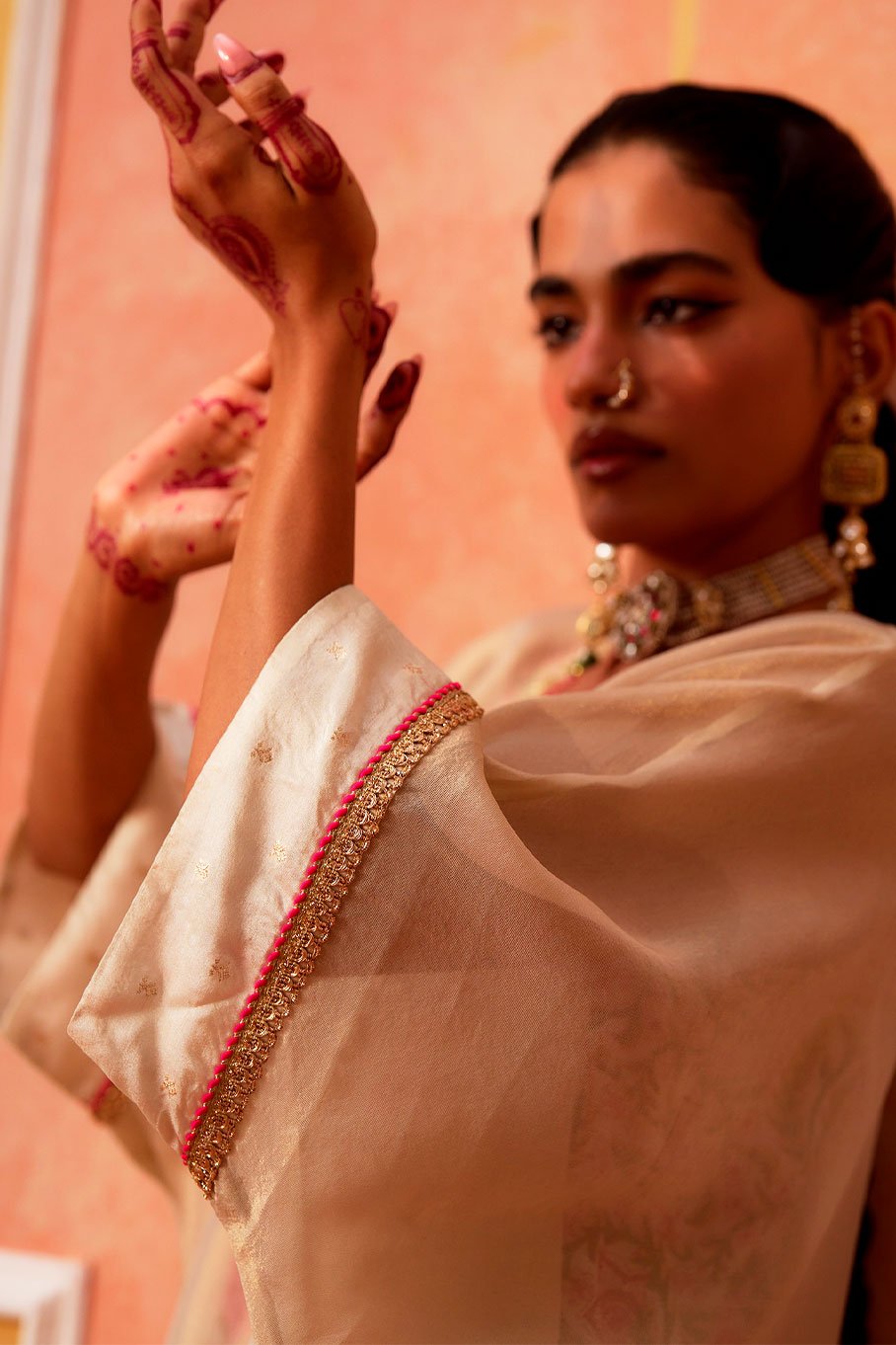 Ivory V-Neck Kaftan with Cotton Slip and Pant - Image 7