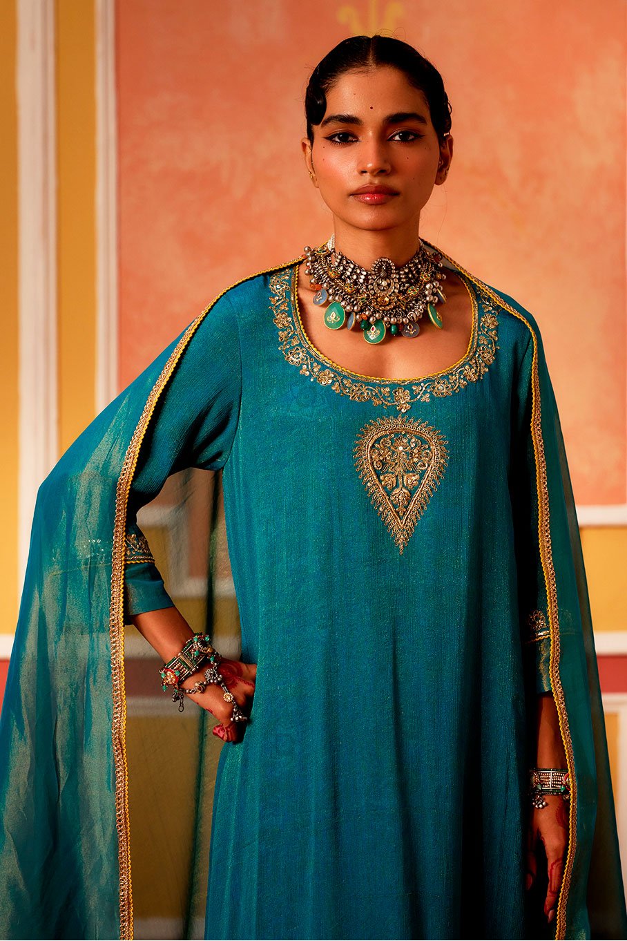 Teal Kurta with Mutka Neck, Pant and Dupatta - Image 5
