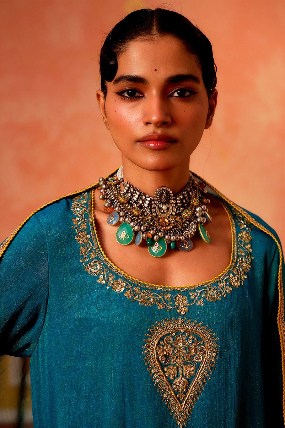 Teal Kurta with Mutka Neck, Pant and Dupatta - Image 4