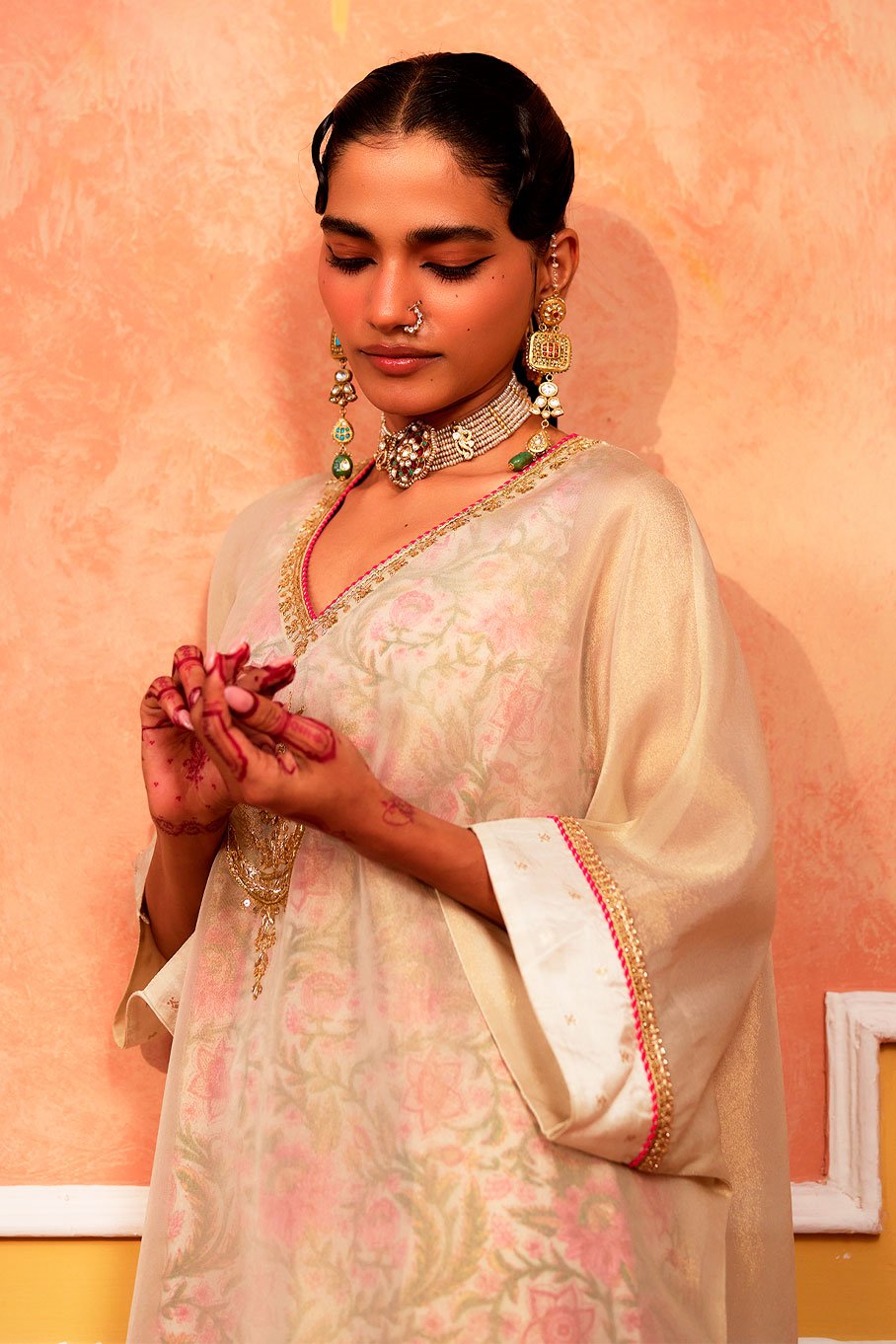 Ivory V-Neck Kaftan with Cotton Slip and Pant - Image 10