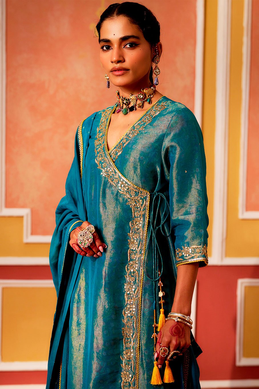Teal Angrakha with Pant and Dupatta - Image 9