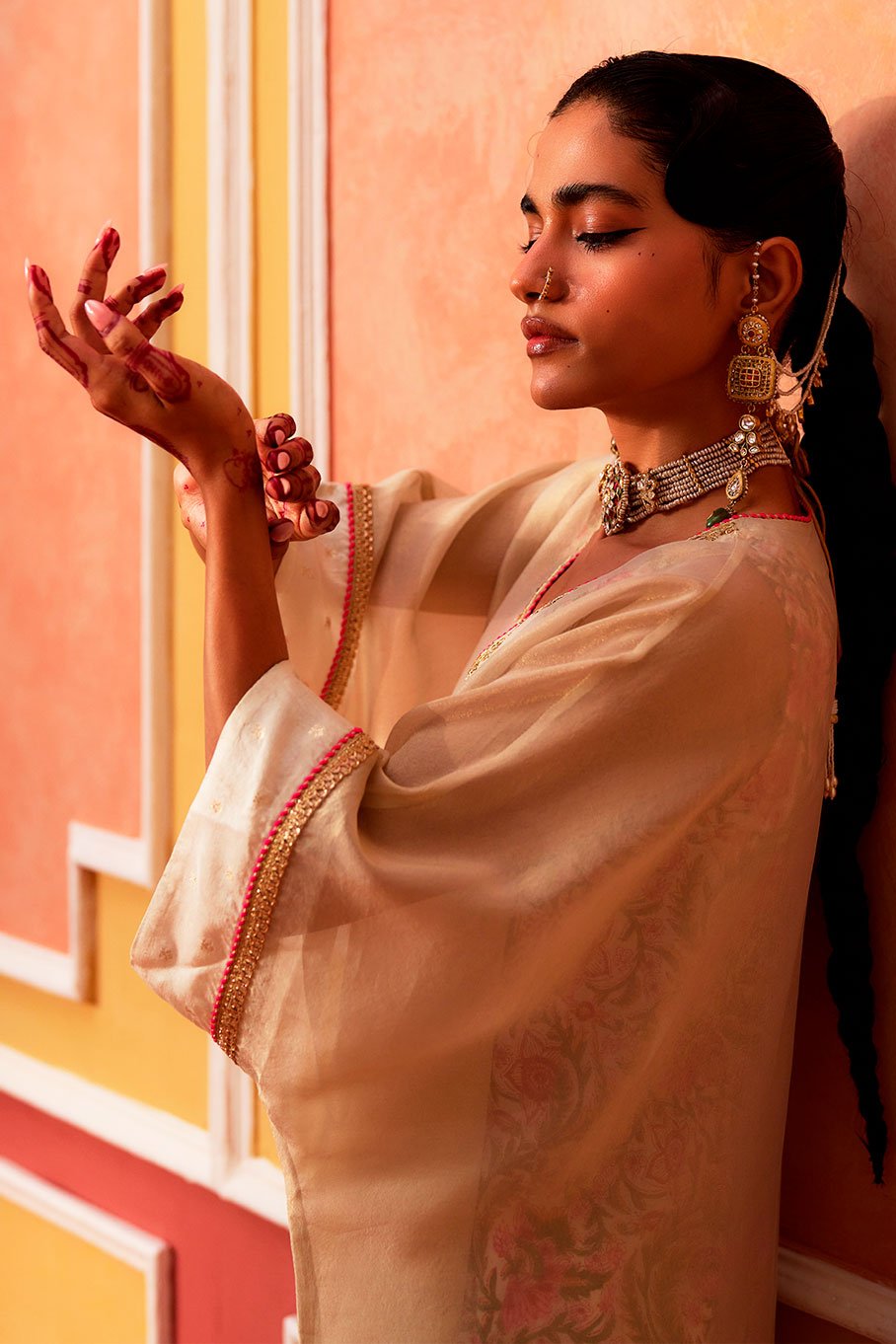Ivory V-Neck Kaftan with Cotton Slip and Pant - Image 11