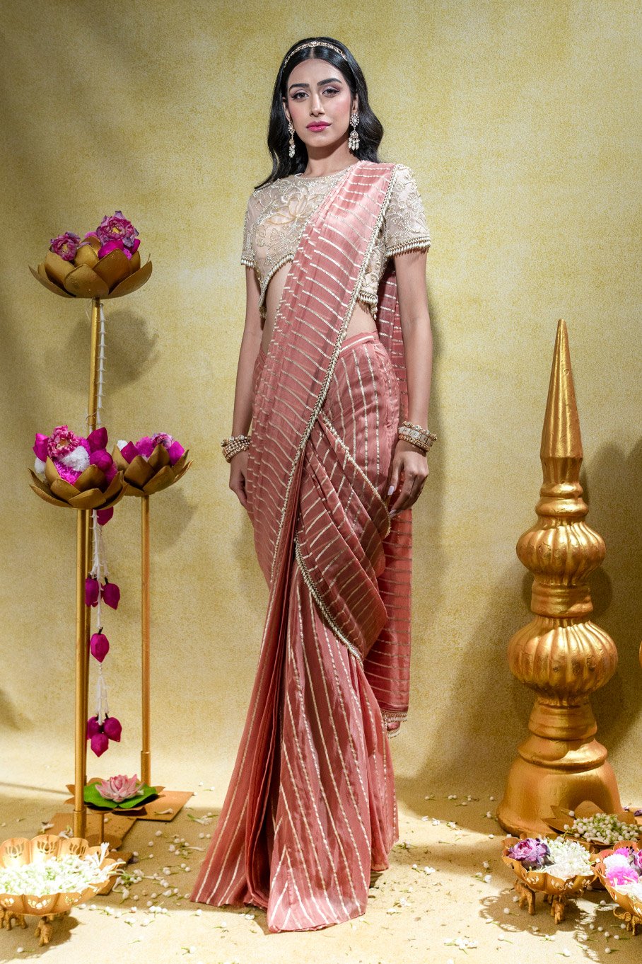 Ivory Embroidered Blouse with Dusty Peach Pre-Draped Saree - Image 2