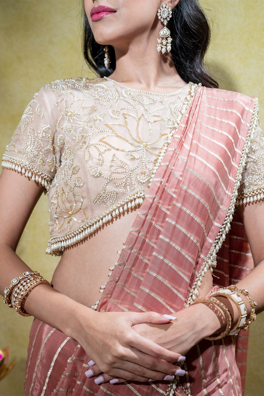 Ivory Embroidered Blouse with Dusty Peach Pre-Draped Saree - Image 6